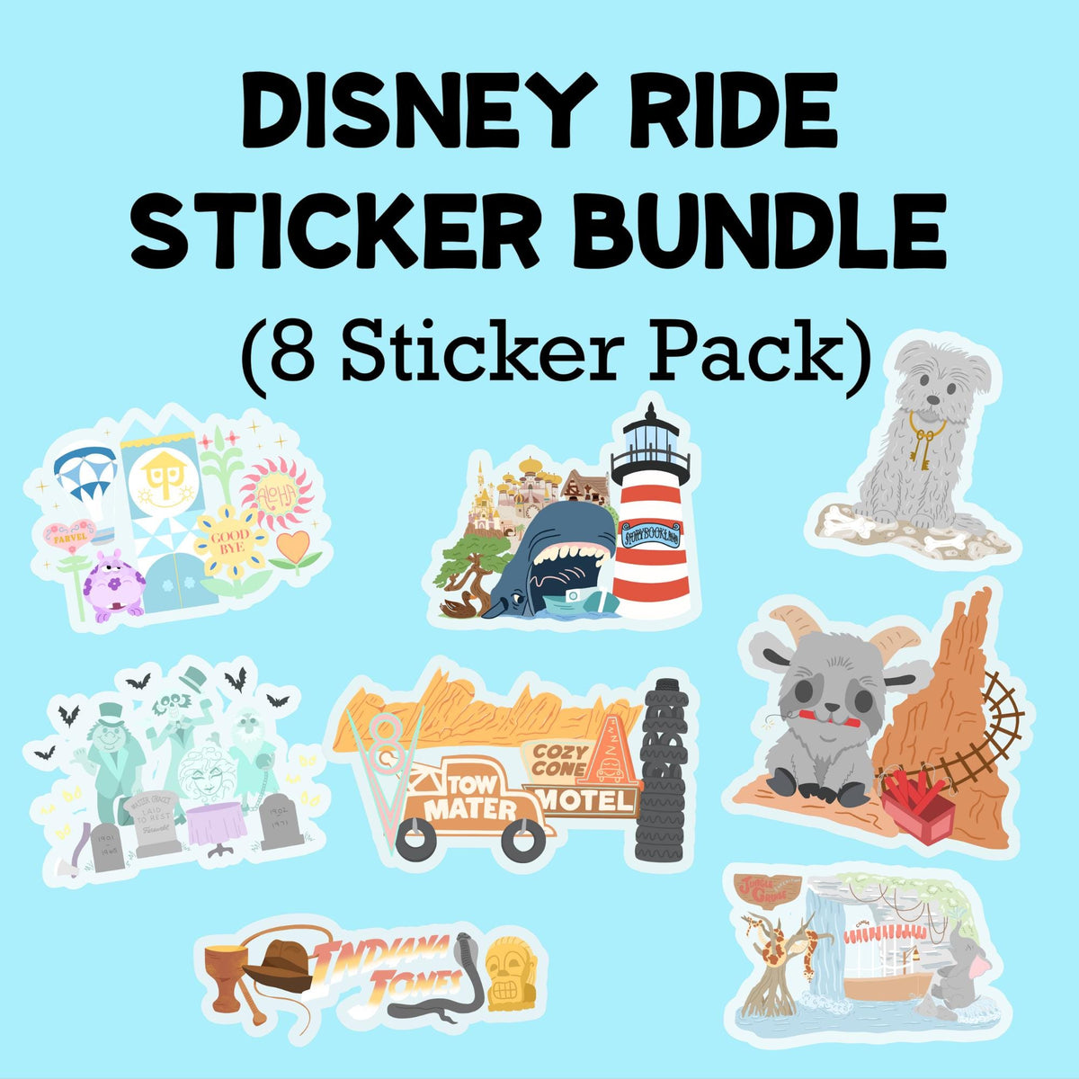 Disney Rides Sticker Bundle, it's a small world, jungle cruise, haunted mansion, Pirates, indiana jones, thunder mountain, car, storybook