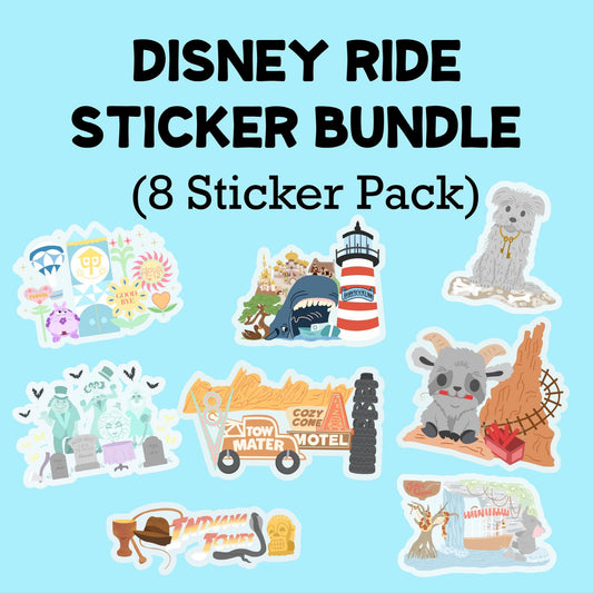 Disney Rides Sticker Bundle, it's a small world, jungle cruise, haunted mansion, Pirates, indiana jones, thunder mountain, car, storybook